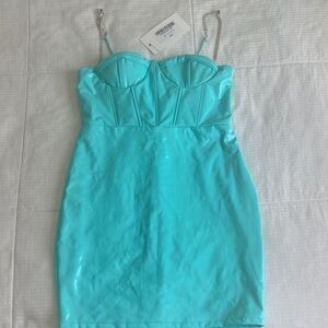 Satin Bustier Midi Dress in Aqua with Chain Straps